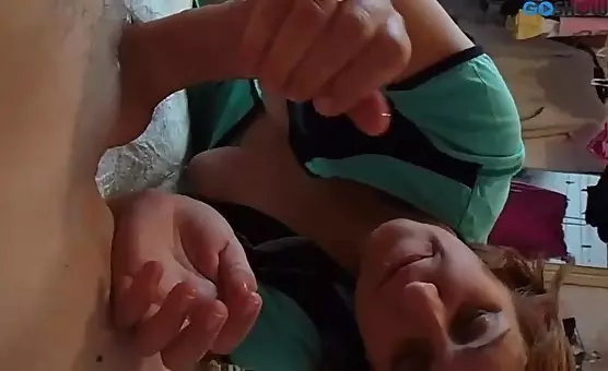 MILF Housewife Strokes Him to Eruption with Hand and Mouth